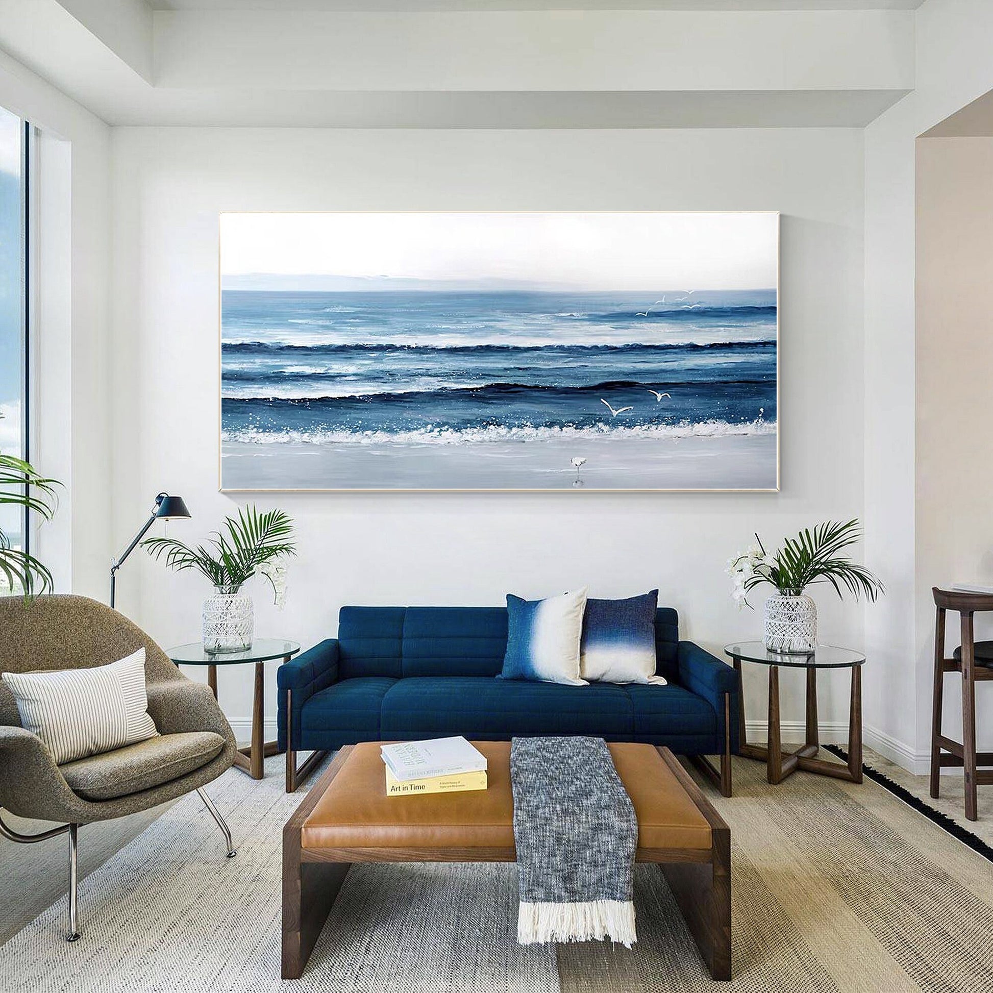 Textured Ocean Painting on Canvas: Long Horizontal Seascape Wall Art #2