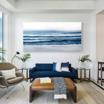 Textured Ocean Painting on Canvas: Long Horizontal Seascape Wall Art #2