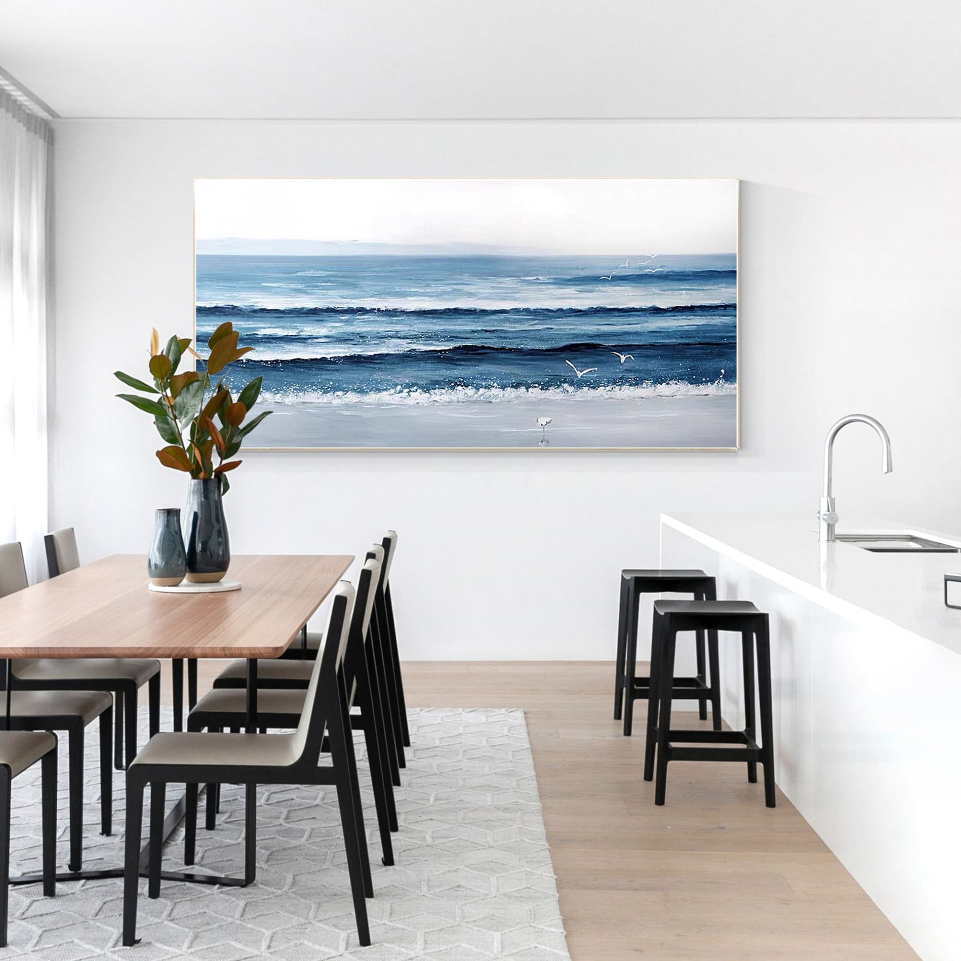 Textured Ocean Painting on Canvas: Long Horizontal Seascape Wall Art #3