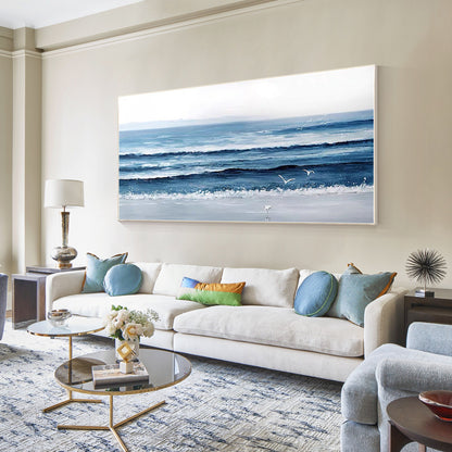 Textured Ocean Painting on Canvas: Long Horizontal Seascape Wall Art #5