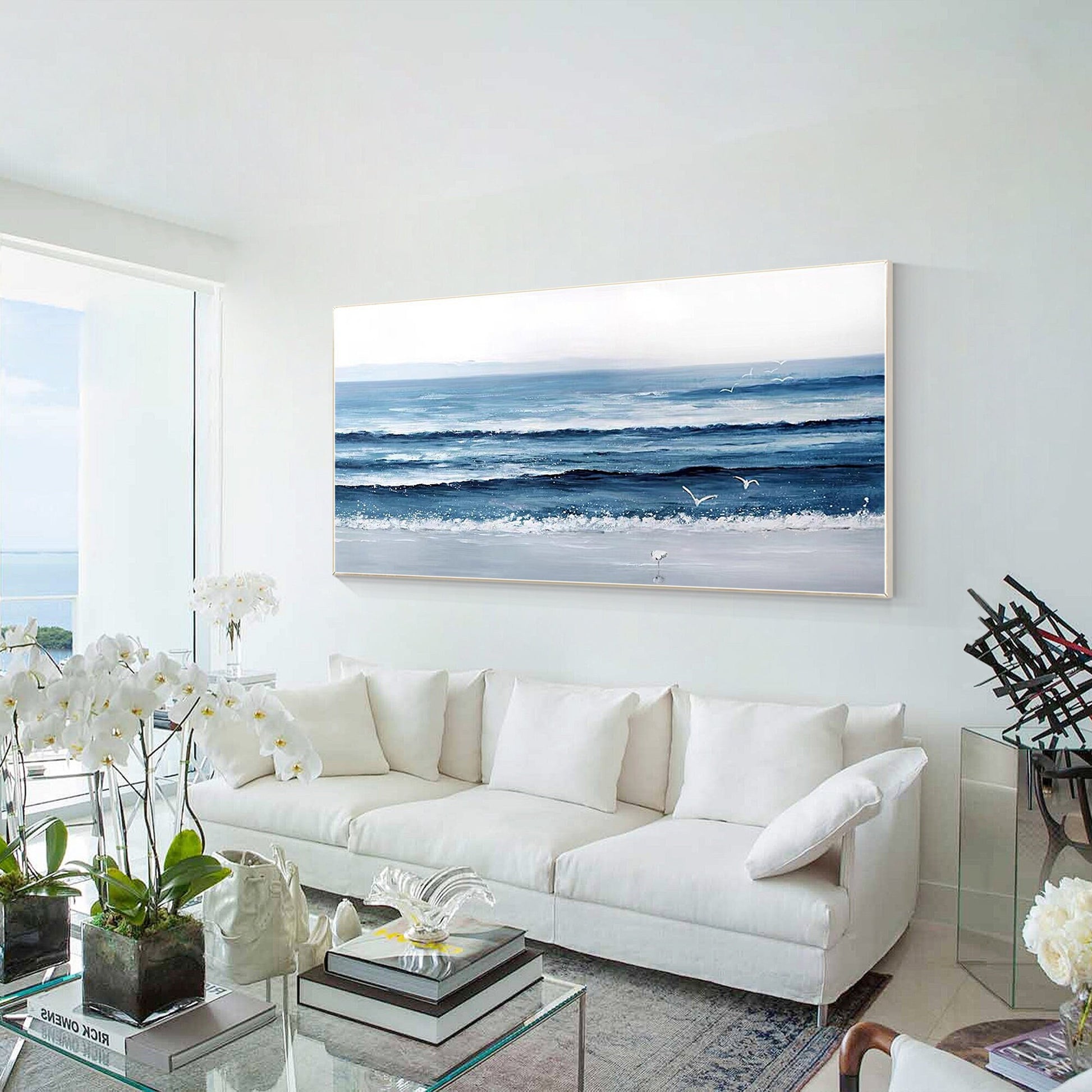 Textured Ocean Painting on Canvas: Long Horizontal Seascape Wall Art #1