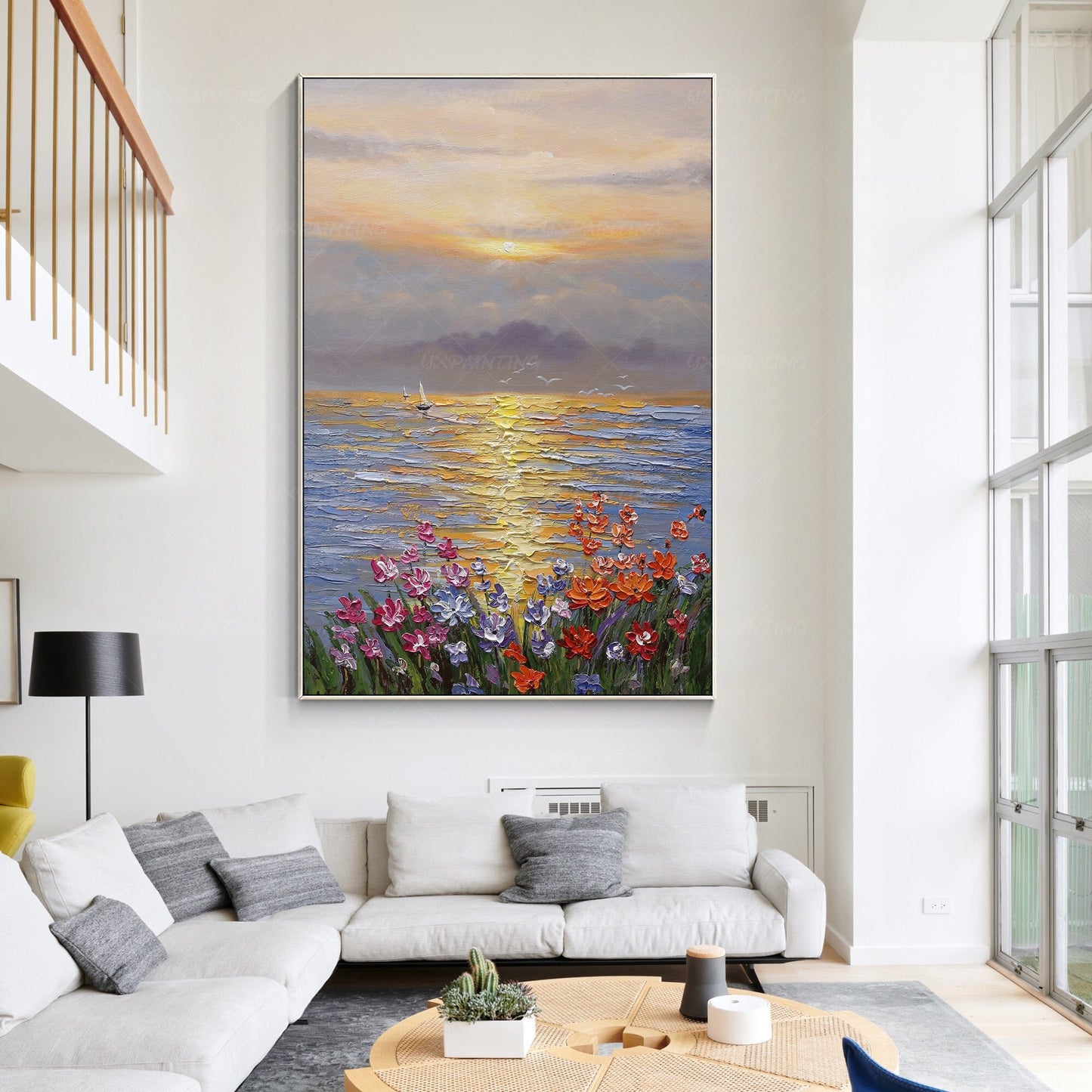 Textured Ocean Sunrise Oil Painting, Palette Knife Floral Seascape Wall Art, Fra #2