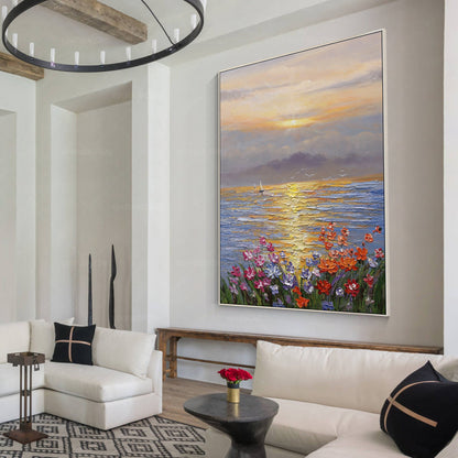 Textured Ocean Sunrise Oil Painting, Palette Knife Floral Seascape Wall Art, Fra #3