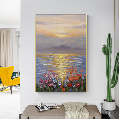 Textured Ocean Sunrise Oil Painting, Palette Knife Floral Seascape Wall Art, Fra #4