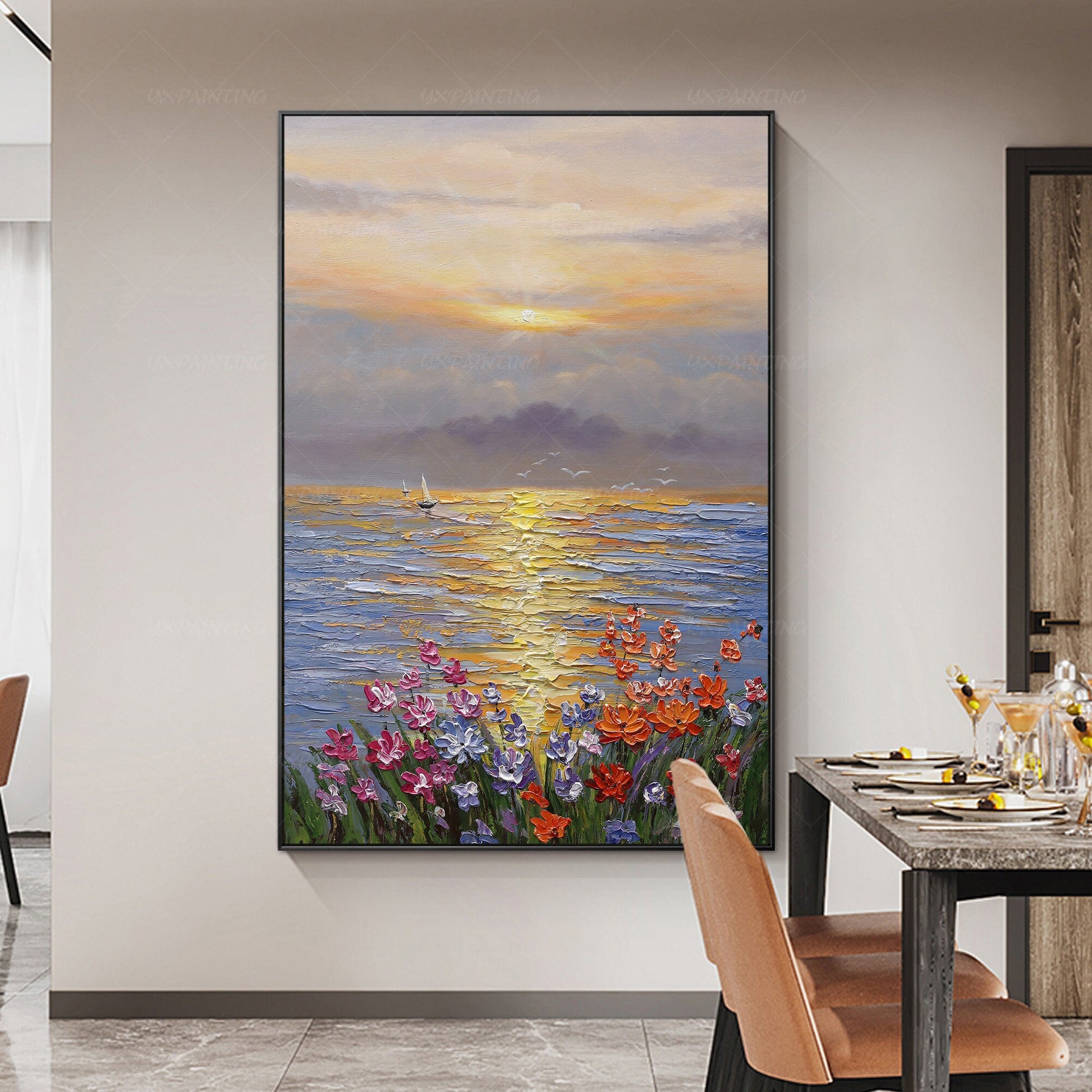 Textured Ocean Sunrise Oil Painting, Palette Knife Floral Seascape Wall Art, Fra #5