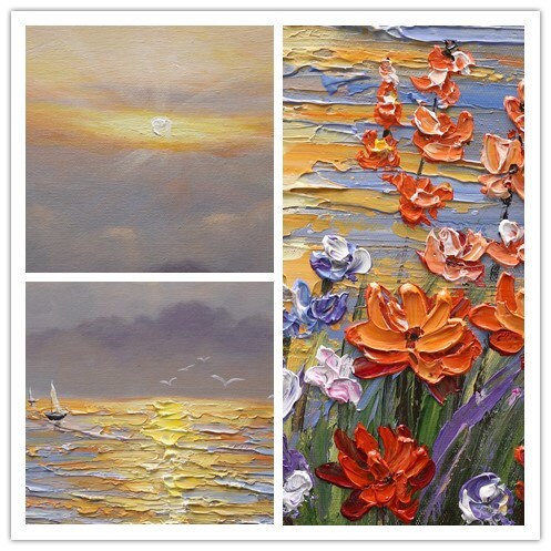 Textured Ocean Sunrise Oil Painting, Palette Knife Floral Seascape Wall Art, Fra #6