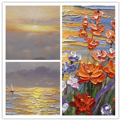 Textured Ocean Sunrise Oil Painting, Palette Knife Floral Seascape Wall Art, Fra #6