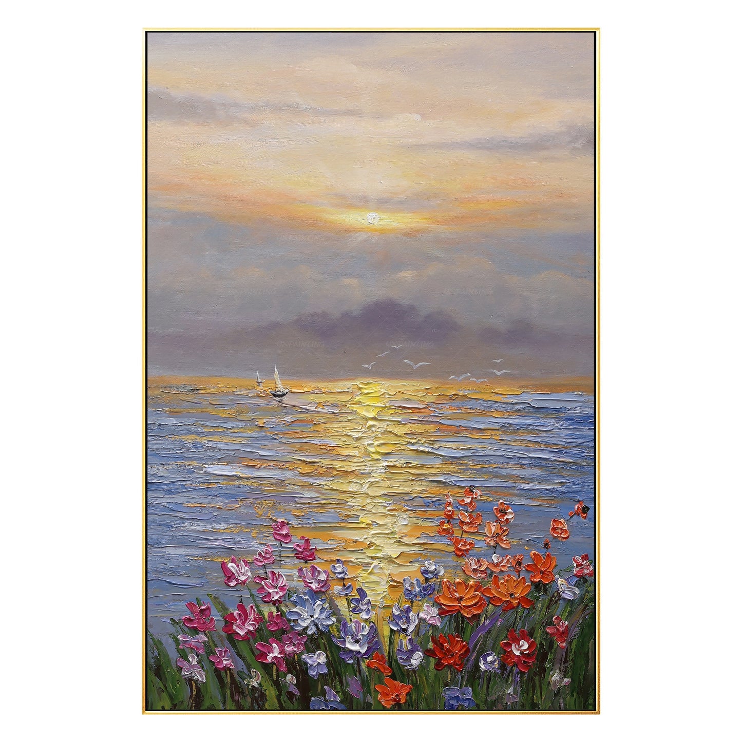 Textured Ocean Sunrise Oil Painting, Palette Knife Floral Seascape Wall Art, Fra #7
