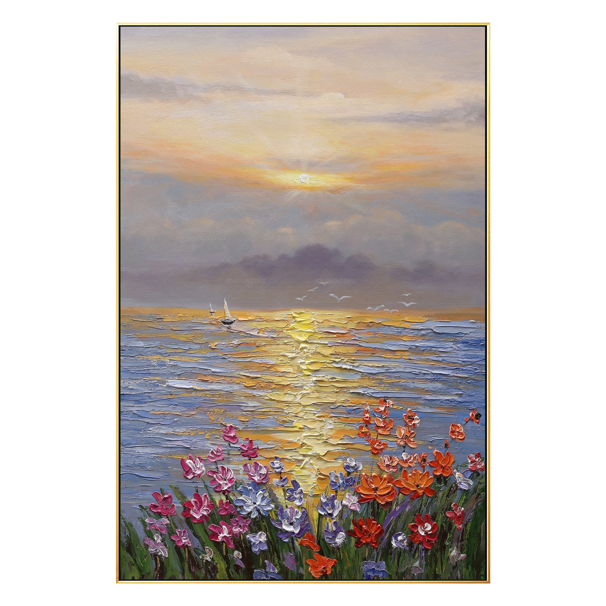 Textured Ocean Sunrise Oil Painting, Palette Knife Floral Seascape Wall Art, Fra #7