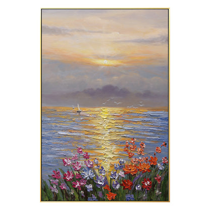 Textured Ocean Sunrise Oil Painting, Palette Knife Floral Seascape Wall Art, Fra #7