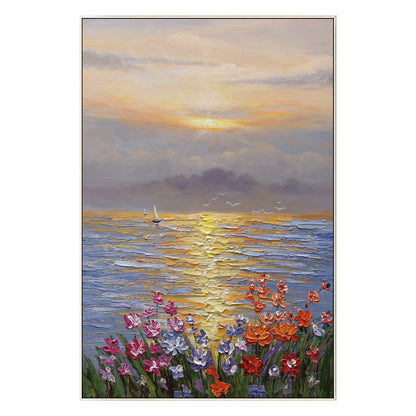 Textured Ocean Sunrise Oil Painting, Palette Knife Floral Seascape Wall Art, Fra #8