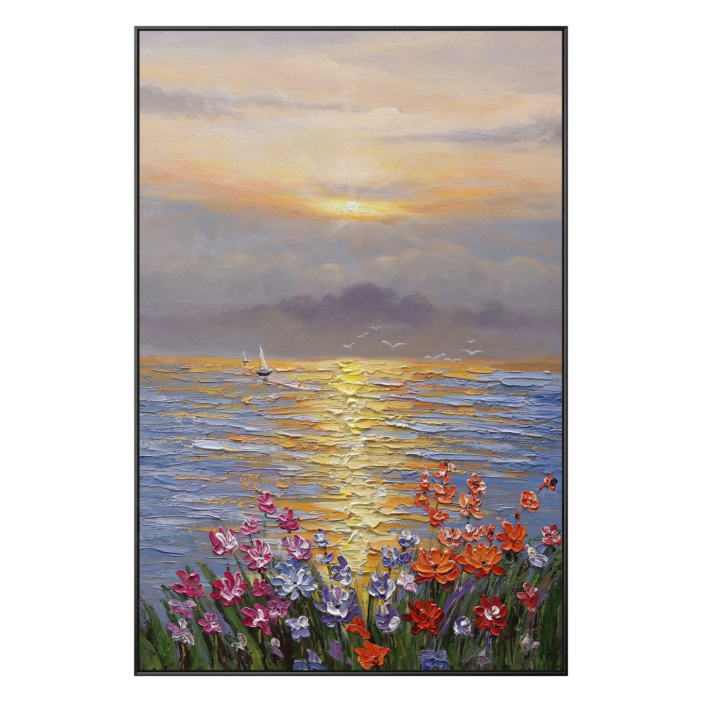 Textured Ocean Sunrise Oil Painting, Palette Knife Floral Seascape Wall Art, Fra #9