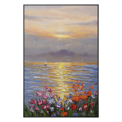 Textured Ocean Sunrise Oil Painting, Palette Knife Floral Seascape Wall Art, Fra #9