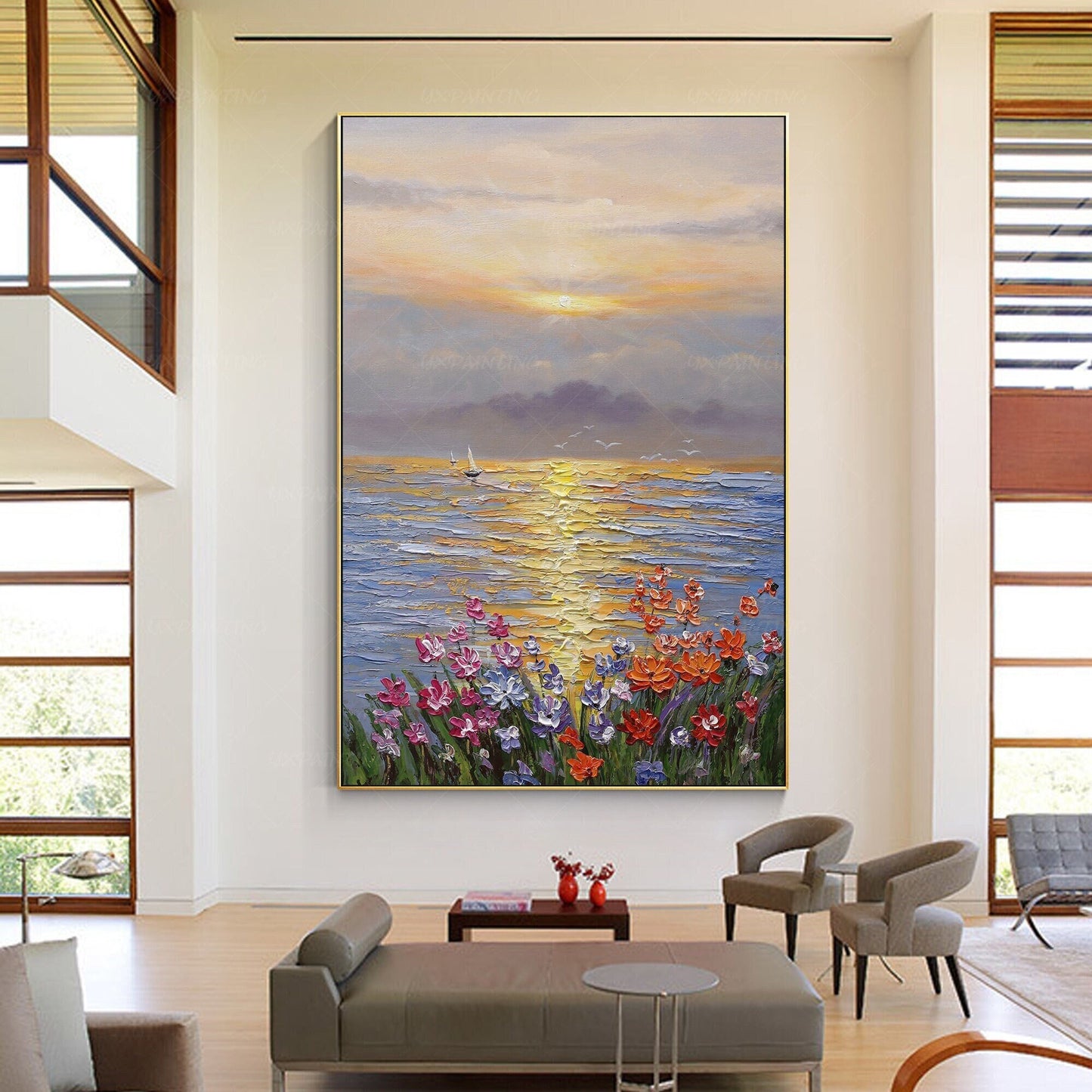 Textured Ocean Sunrise Oil Painting, Palette Knife Floral Seascape Wall Art, Fra #1