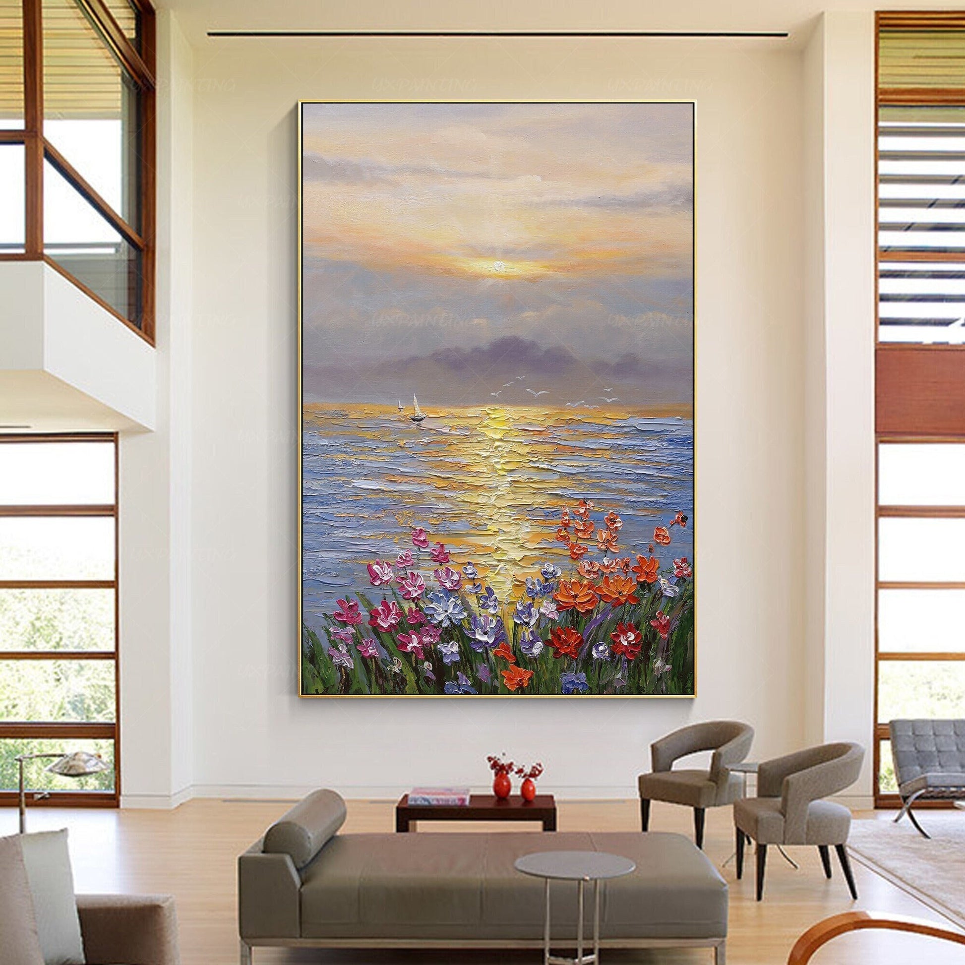 Textured Ocean Sunrise Oil Painting, Palette Knife Floral Seascape Wall Art, Fra #1