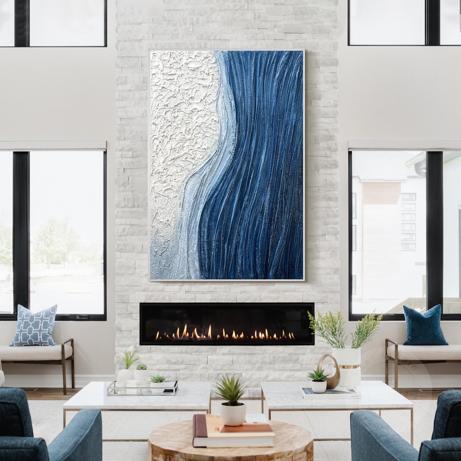 Textured Ocean Wave Painting, Blue Abstract Coastal Wall Art, 3D Plaster Canvas  #2