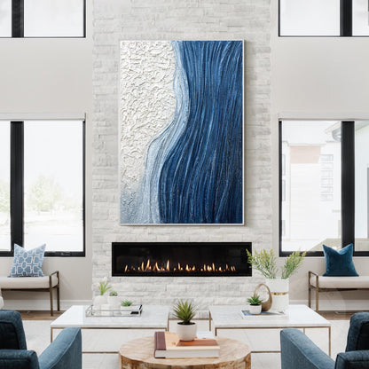 Textured Ocean Wave Painting, Blue Abstract Coastal Wall Art, 3D Plaster Canvas  #2
