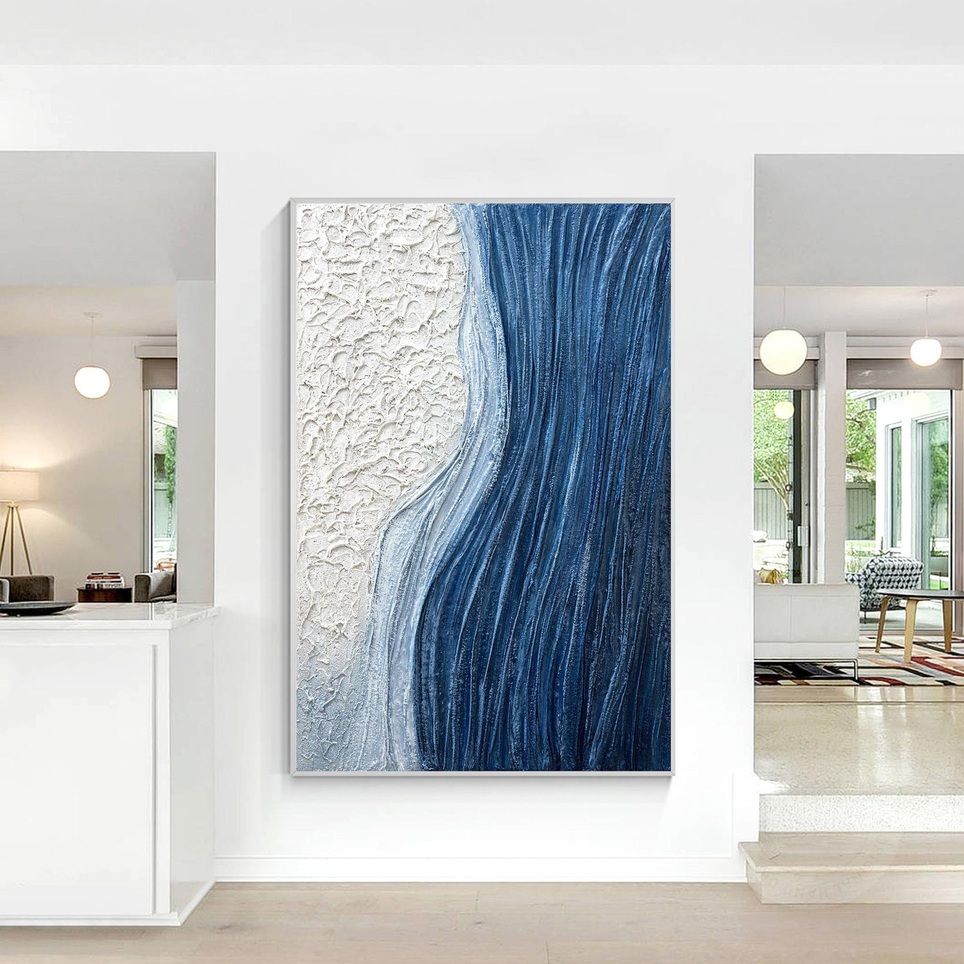 Textured Ocean Wave Painting, Blue Abstract Coastal Wall Art, 3D Plaster Canvas  #4