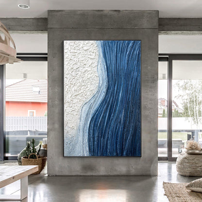 Textured Ocean Wave Painting, Blue Abstract Coastal Wall Art, 3D Plaster Canvas  #5