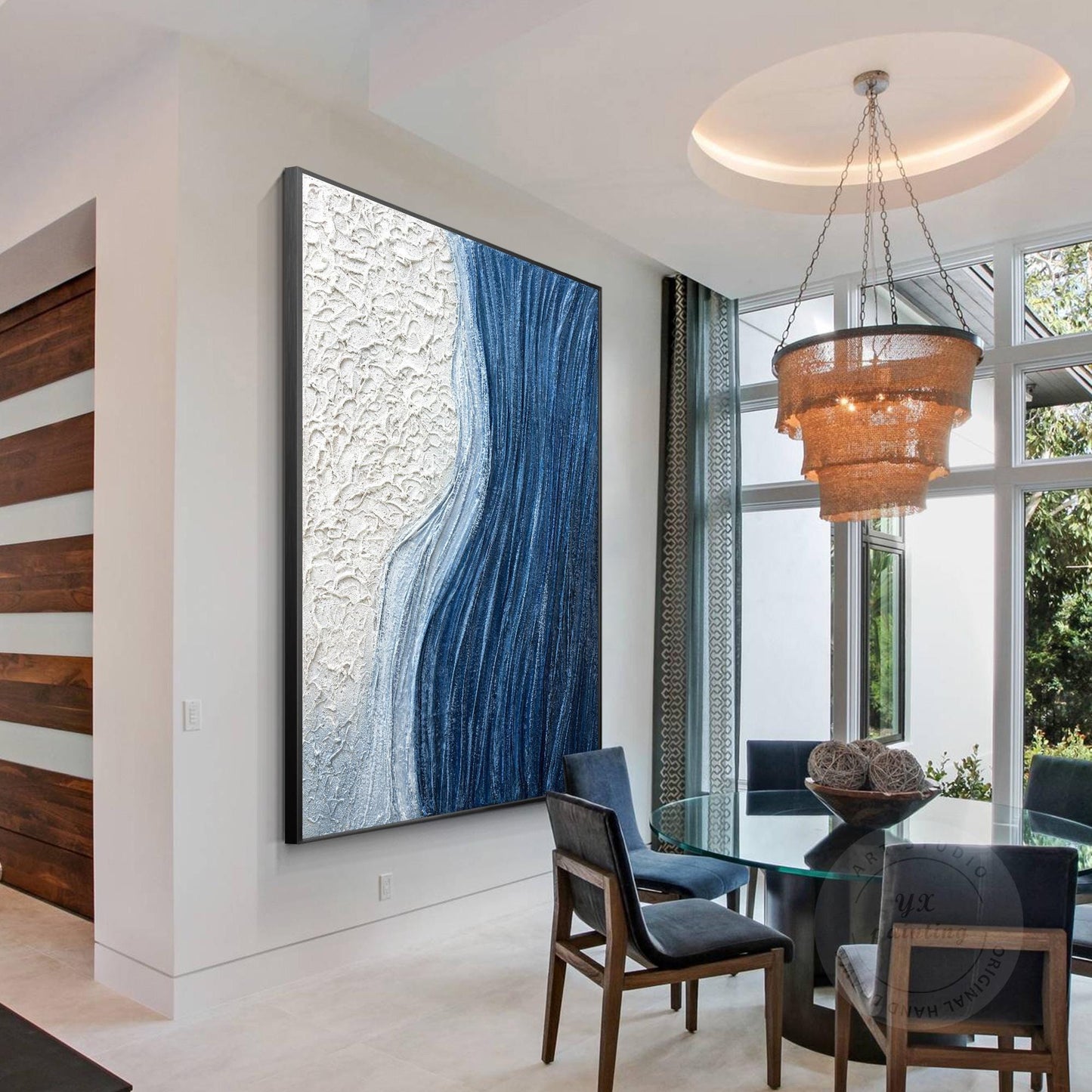 Textured Ocean Wave Painting, Blue Abstract Coastal Wall Art, 3D Plaster Canvas  #6