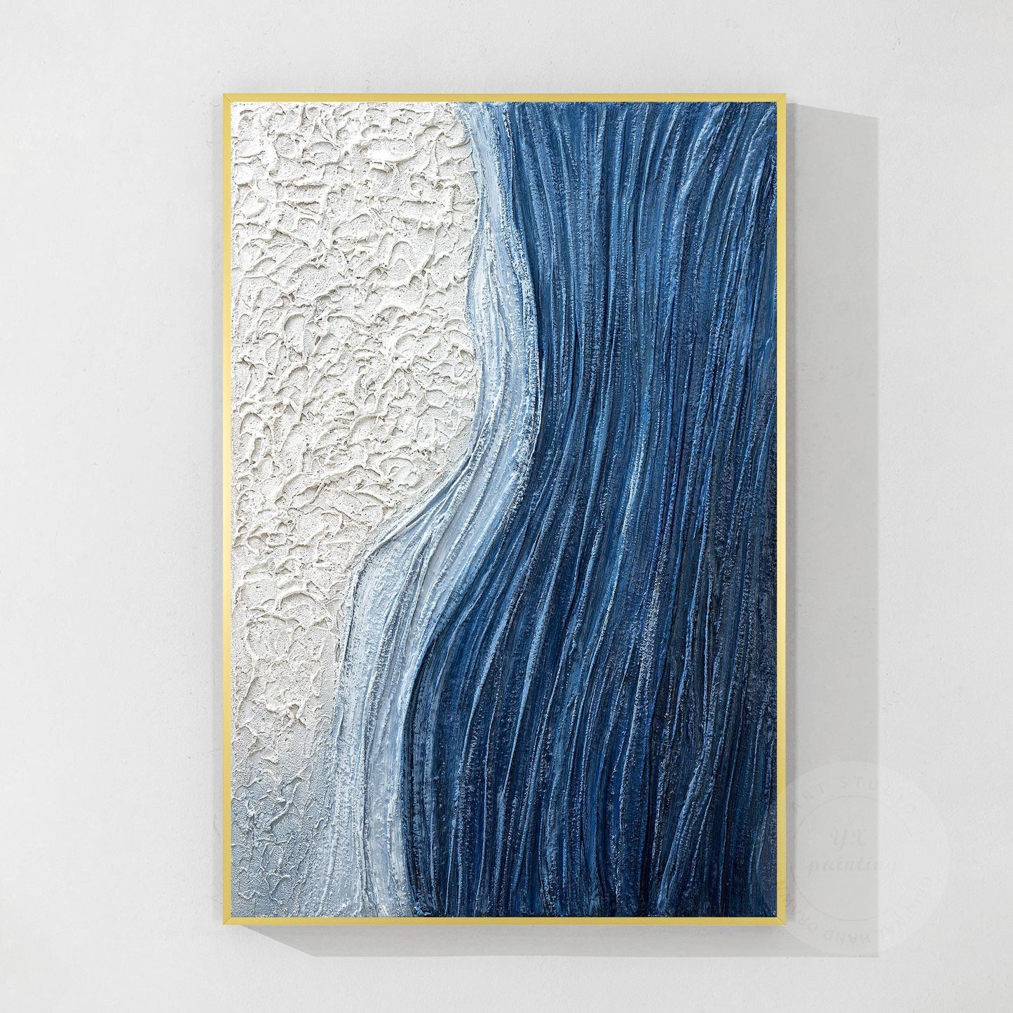 Textured Ocean Wave Painting, Blue Abstract Coastal Wall Art, 3D Plaster Canvas  #10