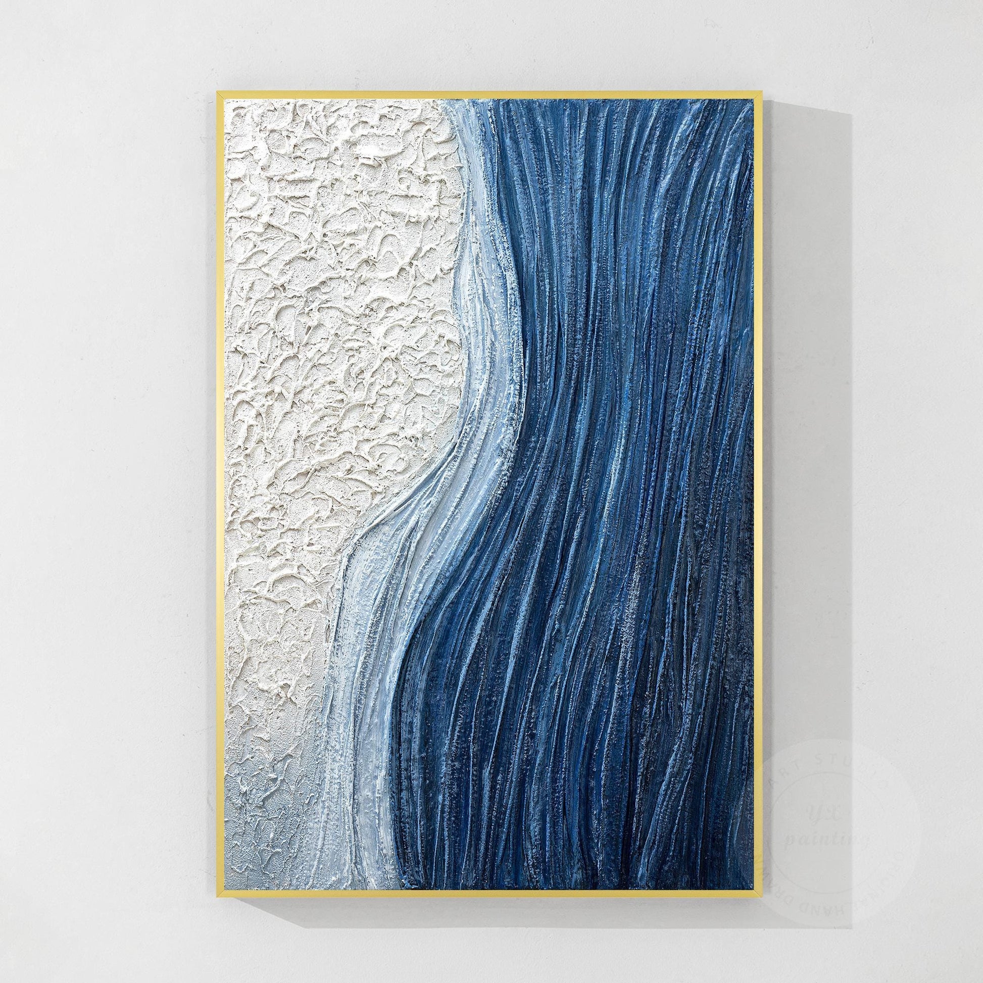 Textured Ocean Wave Painting, Blue Abstract Coastal Wall Art, 3D Plaster Canvas  #10