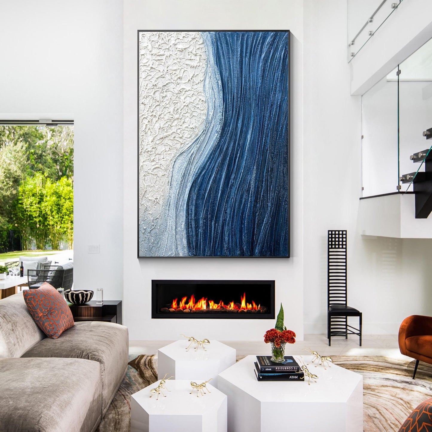 Textured Ocean Wave Painting, Blue Abstract Coastal Wall Art, 3D Plaster Canvas  #1