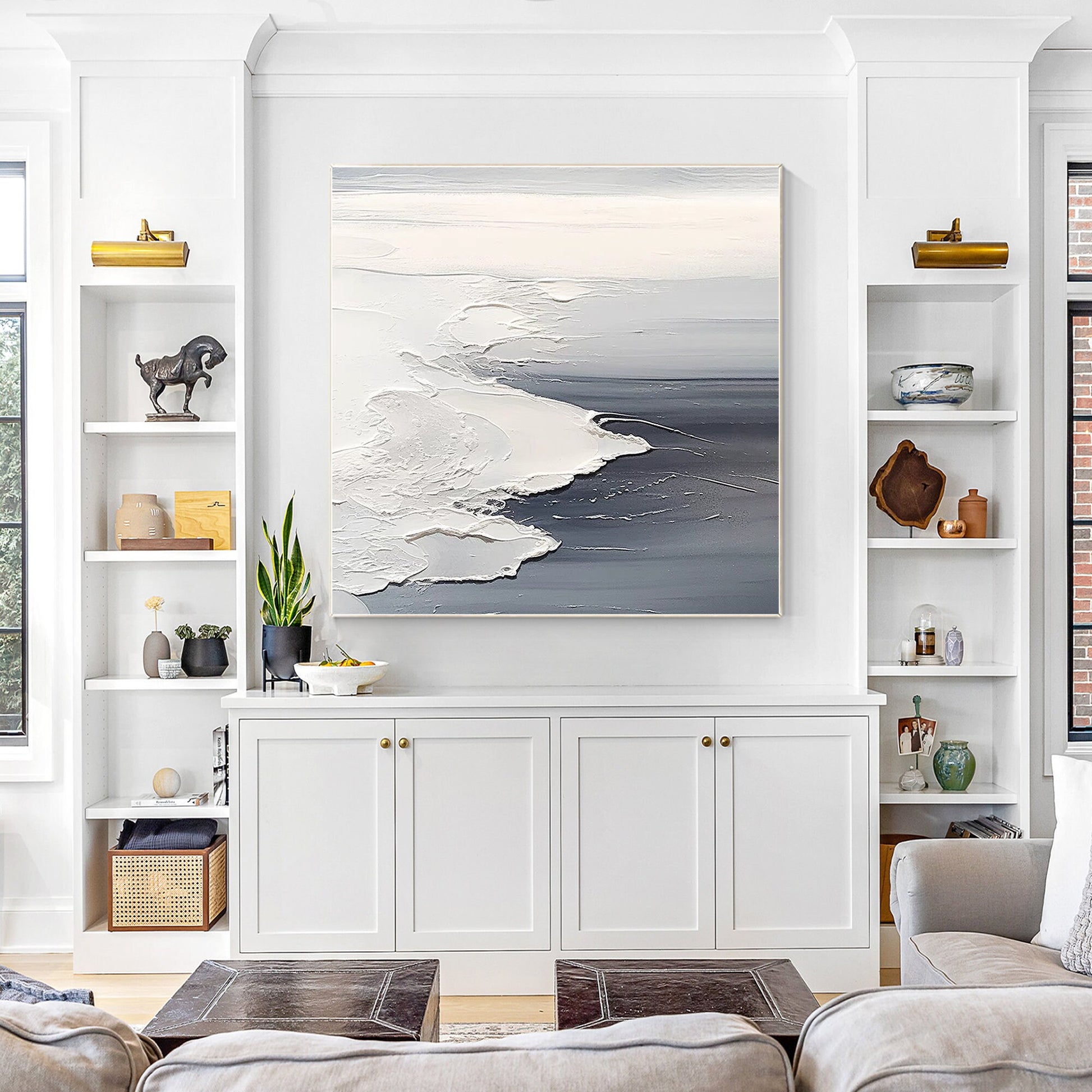 Textured Ocean Waves Painting: Gray White Seascape Canvas Wall Art #4