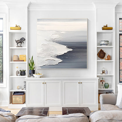 Textured Ocean Waves Painting: Gray White Seascape Canvas Wall Art #4