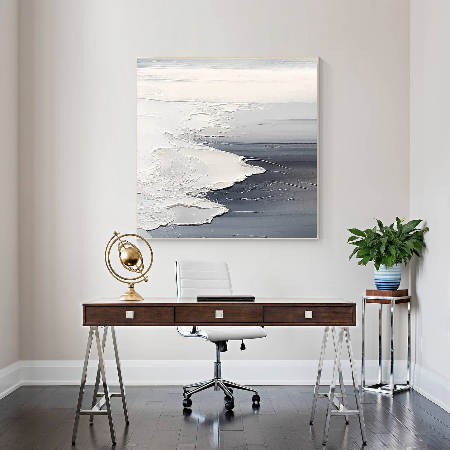 Textured Ocean Waves Painting: Gray White Seascape Canvas Wall Art #5