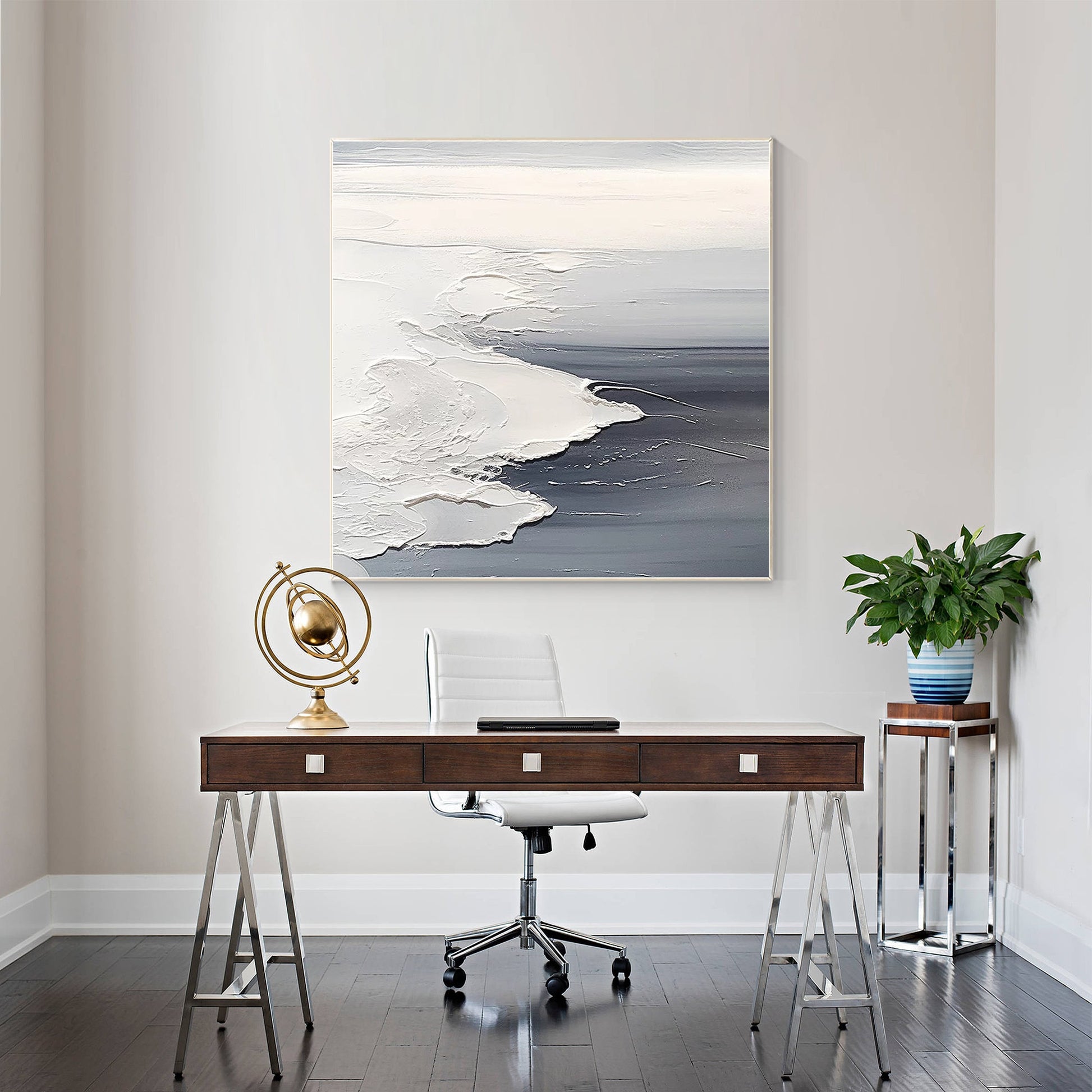 Textured Ocean Waves Painting: Gray White Seascape Canvas Wall Art #5