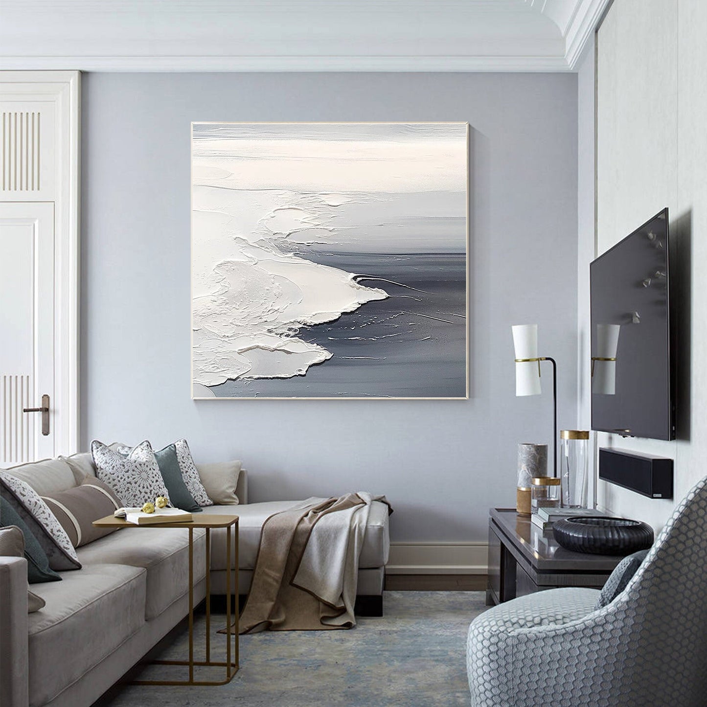 Textured Ocean Waves Painting: Gray White Seascape Canvas Wall Art #1