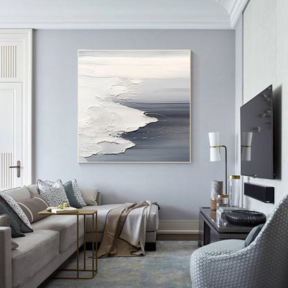 Textured Ocean Waves Painting: Gray White Seascape Canvas Wall Art #1