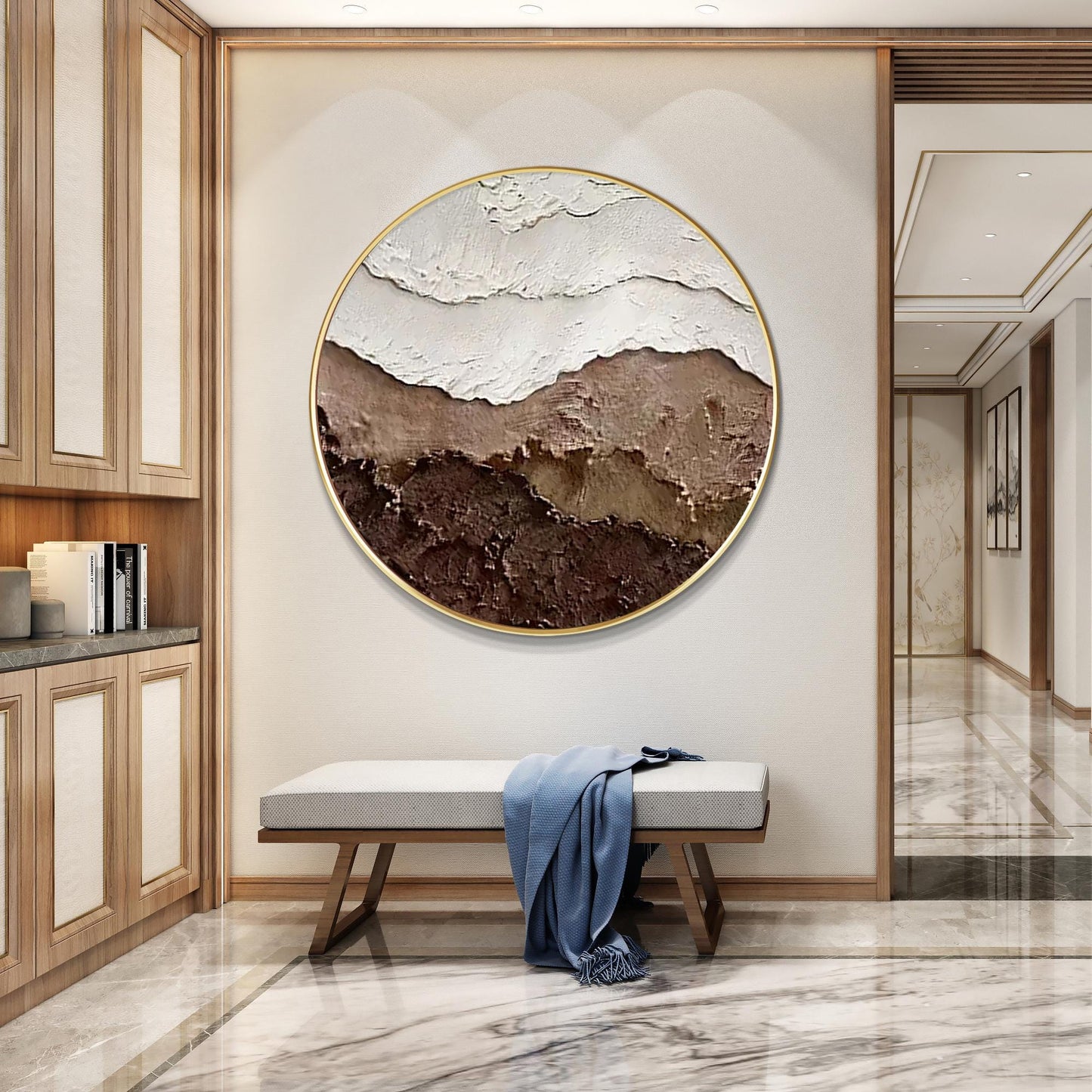 Textured Ocean Waves Wall Art, Brown Earth Tone 3D Round Canvas Painting, Abstra #3