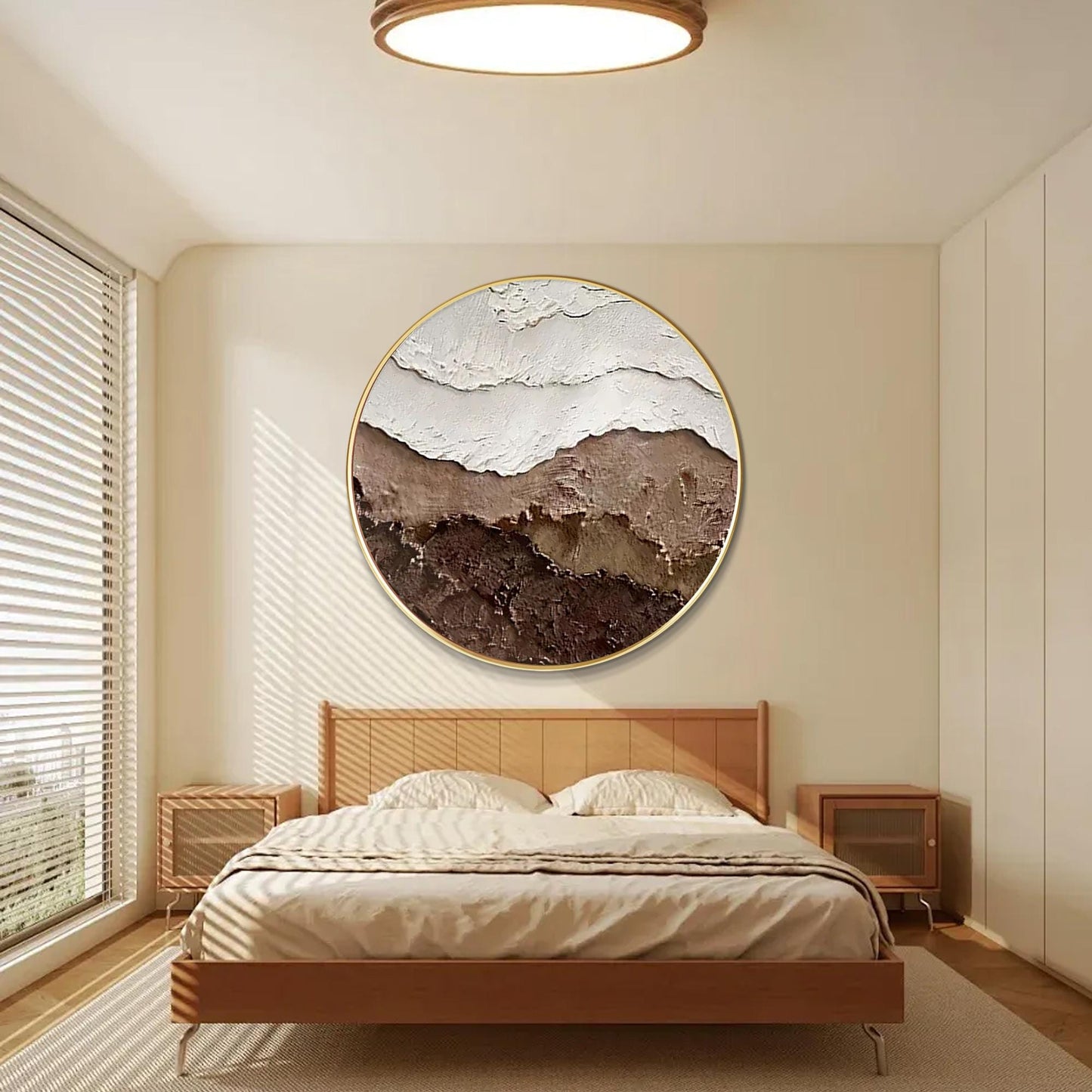 Textured Ocean Waves Wall Art, Brown Earth Tone 3D Round Canvas Painting, Abstra #4