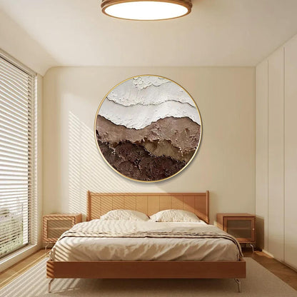 Textured Ocean Waves Wall Art, Brown Earth Tone 3D Round Canvas Painting, Abstra #4
