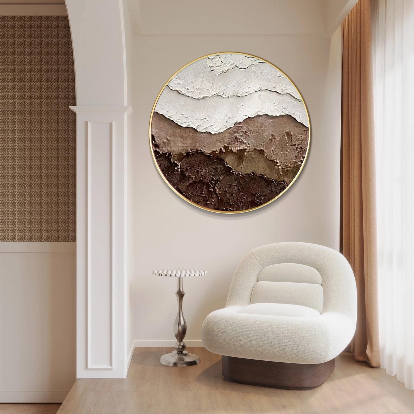 Textured Ocean Waves Wall Art, Brown Earth Tone 3D Round Canvas Painting, Abstra #5