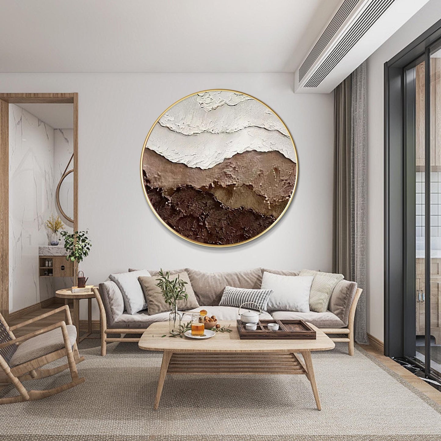 Textured Ocean Waves Wall Art, Brown Earth Tone 3D Round Canvas Painting, Abstra #1