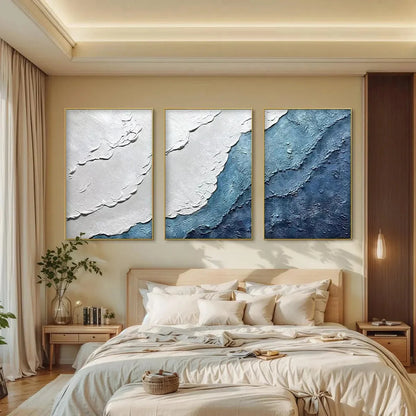 TEXTURED OCEANSCAPE TRIPTYCH: Textured Abstract Painting Set of 3 | gold frame stretched on neutral wall