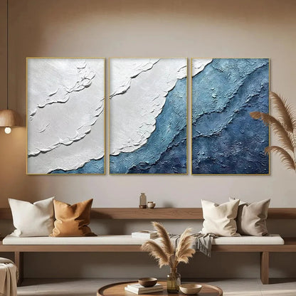 TEXTURED OCEANSCAPE TRIPTYCH: Textured Abstract Painting Set of 3 | rolled canvas, ready for custom framing