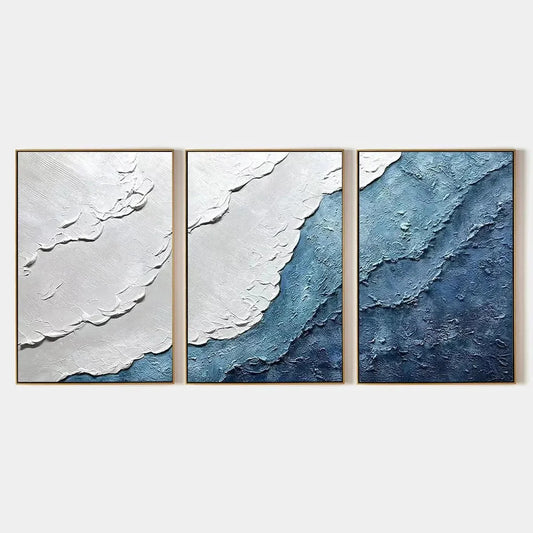 TEXTURED OCEANSCAPE TRIPTYCH: Textured Abstract Painting Set of 3 | hanging in living room, Abstract wall art