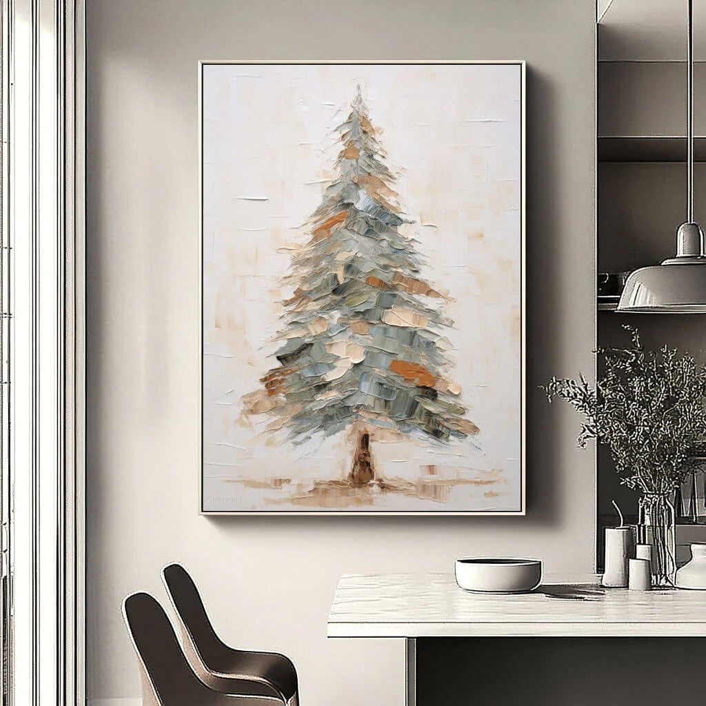 Close view of Textured Pine Tree Painting Palette Knife Textured Art showing raised texture, layered brushwork, and tactile canvas detail for neutral home decor.