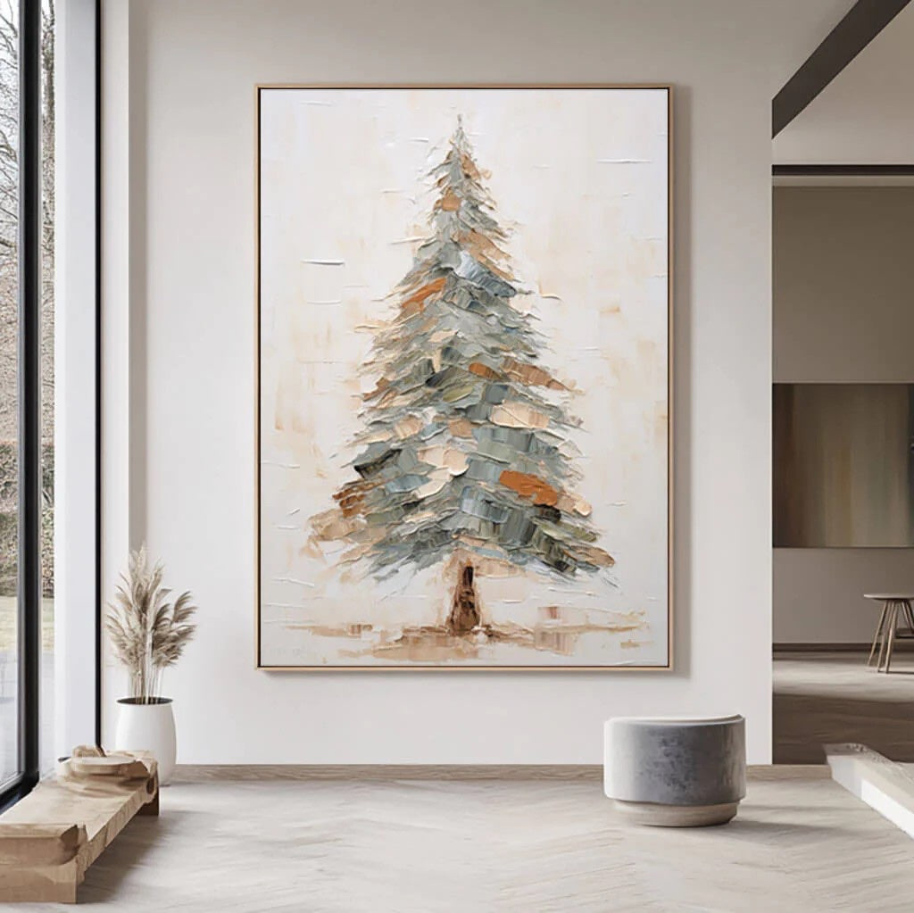 Textured Pine Tree Painting Palette Knife Textured Art styled in a refined neutral room setting to show wall scale, calm proportion, and interior decor mood.
