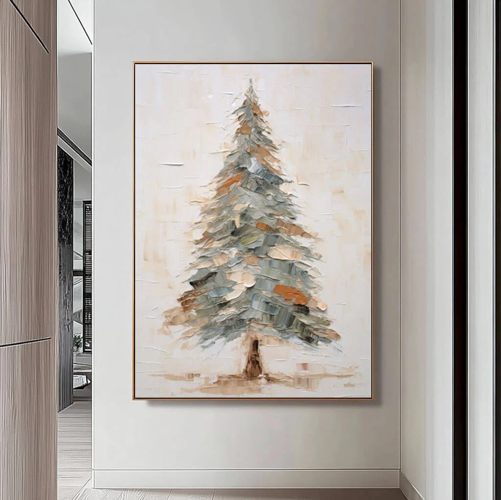 Textured Pine Tree Painting Palette Knife Textured Art styled in a refined neutral room setting to show wall scale, calm proportion, and interior decor mood.