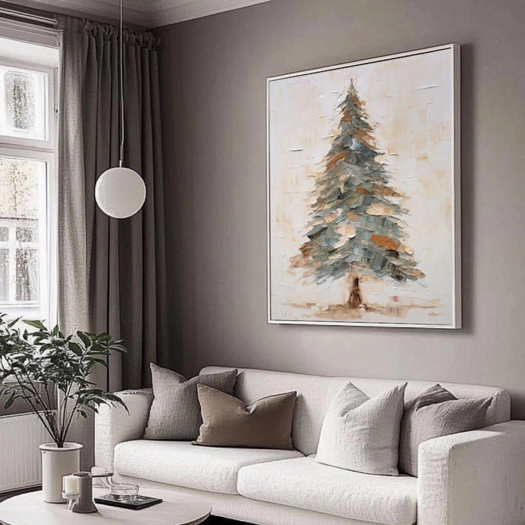 Textured Pine Tree Painting Palette Knife Textured Art styled in a refined neutral room setting to show wall scale, calm proportion, and interior decor mood.