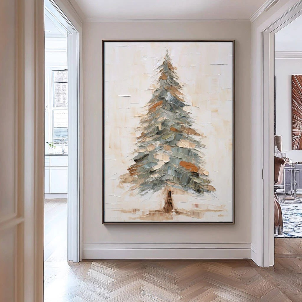 Textured Pine Tree Painting Palette Knife Textured Art styled in a refined neutral room setting to show wall scale, calm proportion, and interior decor mood.