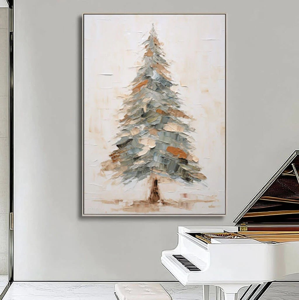 Textured Pine Tree Painting Palette Knife Textured Art styled in a refined neutral room setting to show wall scale, calm proportion, and interior decor mood.