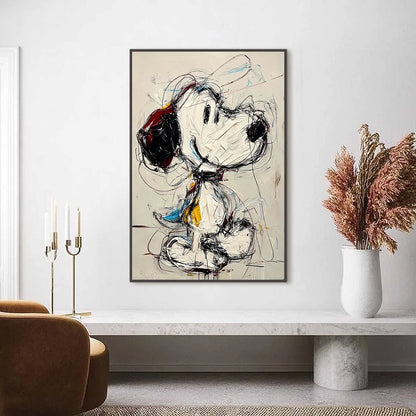 DREAMER'S DOODLE: Textured Pop Art Character Painting | gold frame stretched on neutral wall