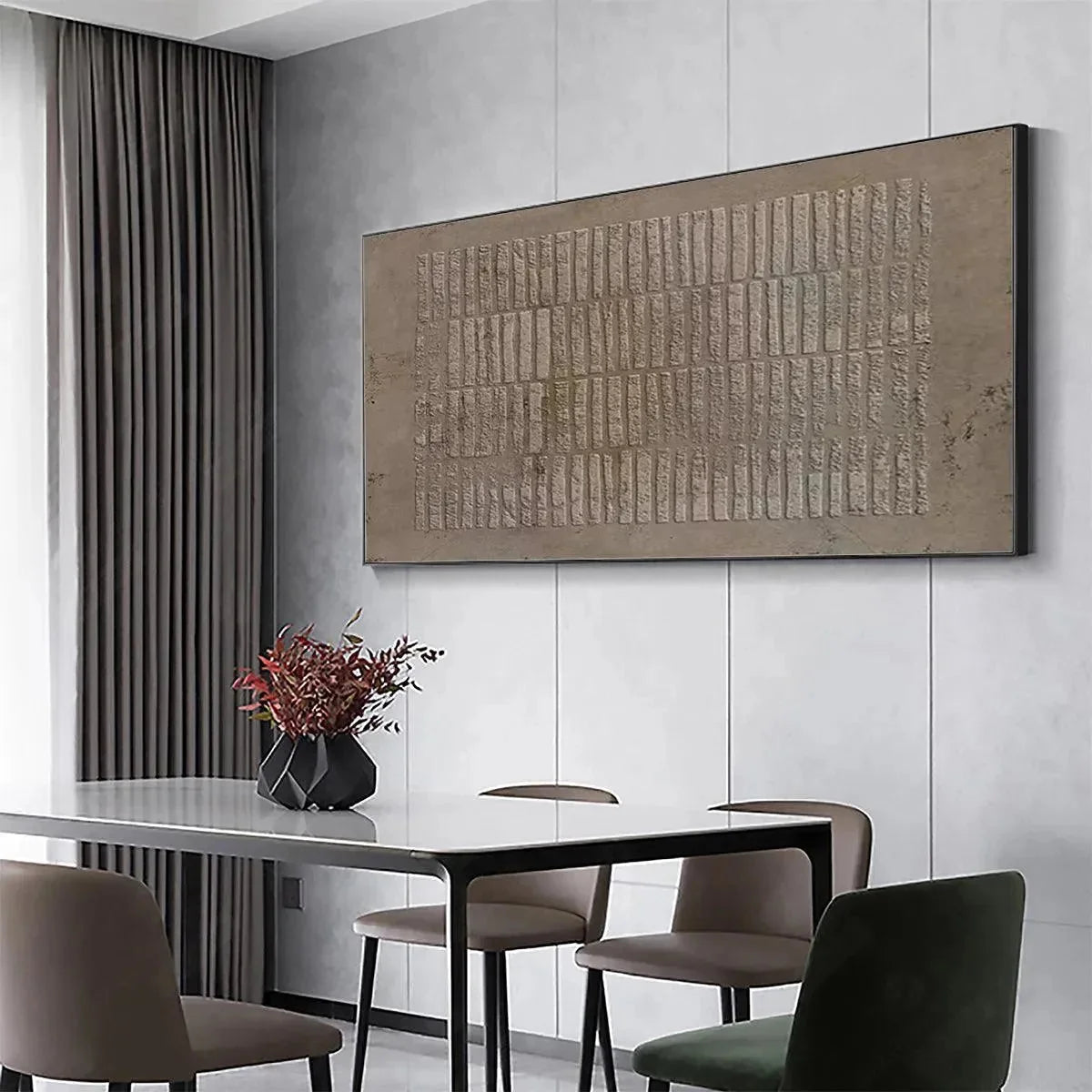 TEXTURED RECTANGLE ARRAY: Minimalist Textured Painting in Brown | gold frame stretched on neutral wall