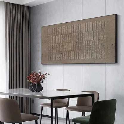 TEXTURED RECTANGLE ARRAY: Minimalist Textured Painting in Brown | gold frame stretched on neutral wall